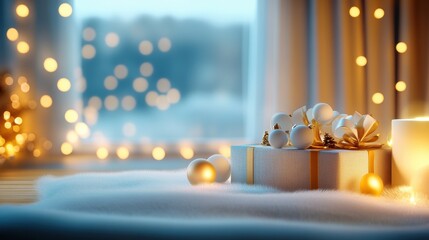 A cozy, sustainable Christmas scene with eco-friendly holiday decorations, reusable wrapping, and soft glowing lights, creating a green holiday vibe.