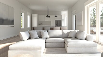 Fototapeta premium A 3D rendered image of a bright and airy open concept living space featuring a spacious L shaped sectional sofa with a sleek minimalist aesthetic