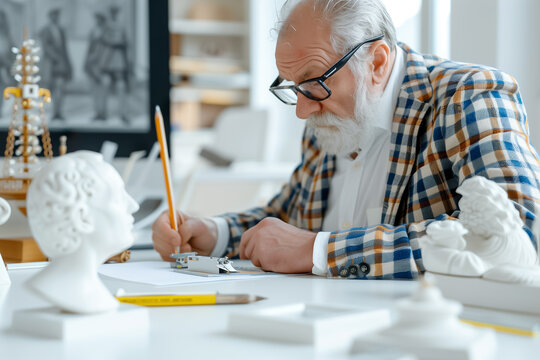 An elderly man with a beard wearing glasses is focused on sketching architectural designs in a bright studio. Sculptures and art materials are present, creating an inspiring workspace - Powered by Adobe