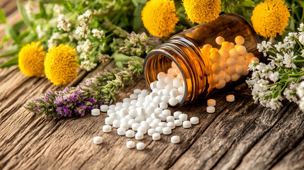 A close-up of small homeopathic medicine bottles and tiny white pills arranged on a wooden table with fresh herbs and flowers beside them. 