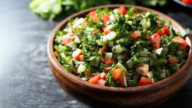 Fresh tabbouleh salad with parsley, tomatoes, and bulgur, garnished with lemon wedges