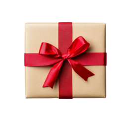 Top view of Christmas gift box wrapped in brown craft paper and red ribbon isolated on white or transparent background