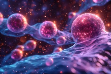 Neon science background with interconnected cells and sphere designs in blue and purple tones