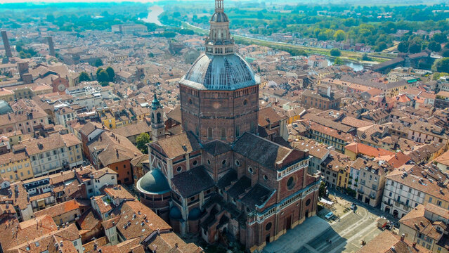 Aerial view of Pavia cathedral, Italy, Lombardy. Cattedrale di Santo Stefano e Santa Maria Assunta (Duomo di Pavia) Pavia by drone, travel and visit Italy.