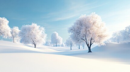 A peaceful white winter scene with thick, fluffy snow covering the ground, trees, and sky, creating a soft and tranquil atmosphere.