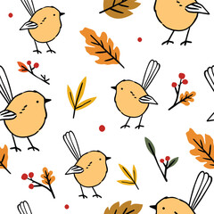 Autumn birds with colorful foliage seamless pattern