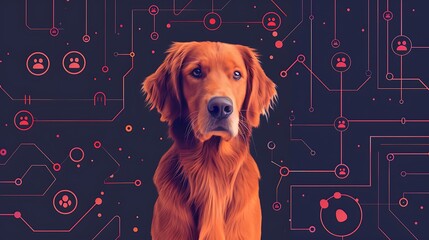 Pet care card highlighting advancements AIdriven pet fitness wellness analytics offering sleek design large blank space lower left writing surrounded abstract fitness tracking and data analysis icons