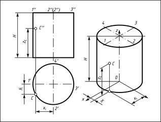 Vector drawing of isometry of cylinder
in system of orthogonal projections. 
Computer educational design for
solving task or theorem in geometry lesson with
coordinate axis, dimensional lines, points.
