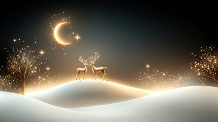 Naklejka premium A serene Christmas background featuring reindeer in a snow-covered landscape, softly lit by glowing stars and holiday lights, creating a festive atmosphere.