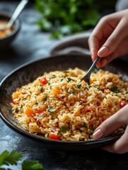 Female hands serving a delicious uzbek pilaf in a beautiful plate