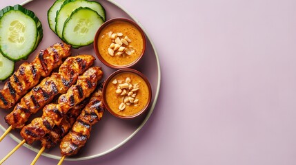 Grilled skewers served with peanut sauce and cucumber slices on a plate.