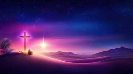 A serene Christmas background with a star of Bethlehem shining above a cross and nativity symbols, evoking the religious significance of the holiday.