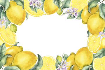 Lemon Branches with fruits, flowers and leaves. Isolated hand drawn watercolor frame. Tropical citrus fruit. Template for menu, package, cosmetic, textile, cards