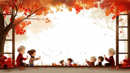 Beautiful family gathering under autumn trees, toasting and enjoying each other's company. The vibrant fall leaves and peaceful setting create a warm, inviting atmosphere perfect for Thanksgiving.