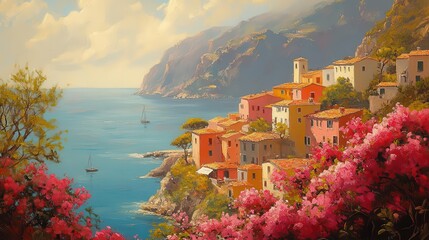 serene coastal town nestled against azure sea pastel buildings cascading down hillside lush azalea blooms frame foreground golden sunlight bathes scene in warm glow impressionistic style