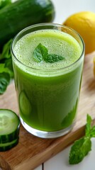 A close-up of a detox green juice made from spinach, celery, cucumber, and lemon. Set against a minimalist, white background