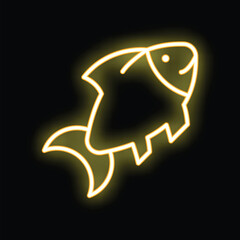 Bright yellow neon sign shaped like a happy fish, glowing on a black background