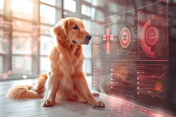 Pet care card highlighting advancements AIpowered veterinary diagnostics offering sleek minimalist design large blank space lower center surrounded abstract diagnostic tools pet health data patterns