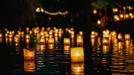 Obraz premium A large number of lit candles are floating on the surface of a body of water