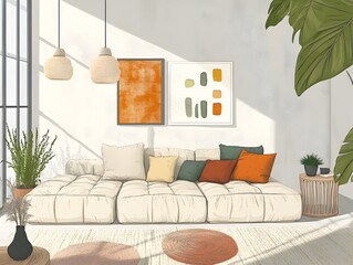 Obraz premium Cozy and minimalist living room interior design with plush sofa decorative cushions and pillows wall art potted plants and wooden floors bathed in natural sunlight through large windows