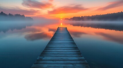 serene lakeside pier at dawn misty water reflects pastel sky as sun peeks over horizon wooden dock extends into calm lake inviting peaceful contemplation