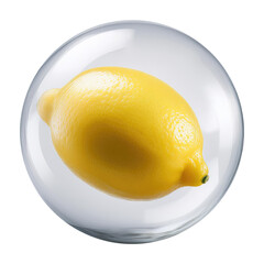 Lemon Inside a Bubble Glass Sphere Isolated on Transparent Background.