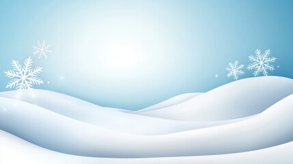 Abstract winter vector background with geometric snowflakes, rolling hills of snow, and a clear blue sky. A modern take on a winter scene.