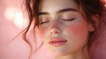 serene portrait of young woman eyes closed in blissful repose against ethereal pink backdrop soft focus skin minimalist beauty aesthetic dreamy cosmetic campaign ambiance