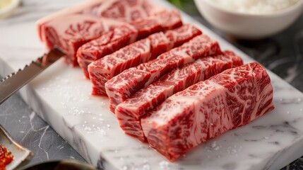 Closeup of Raw Marbled Beef on a Marble Cutting Board