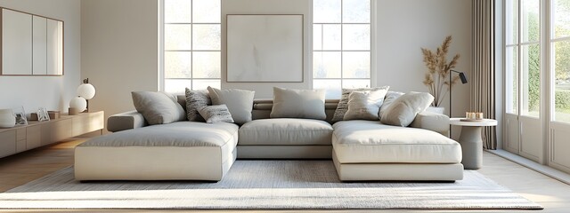 Cozy and inviting modern living room with a large comfortable sectional sofa minimalist and stylish decor accent pieces and decorative accessories adding a touch of whimsy