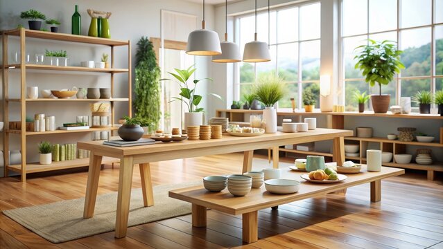 Interior of a bright and spacious retail store displaying homeware products on wooden tables and shelves