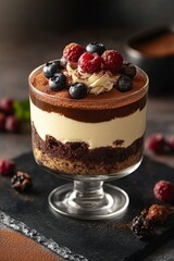 Tiramisu, served in glass. on slate surface. Italian tiramisu cake. studio lighting. 