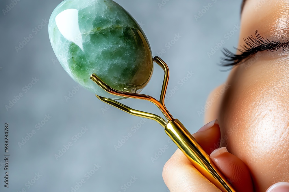 Poster a close-up of a hand holding a jade roller, gently massaging the face for a calming skincare routine