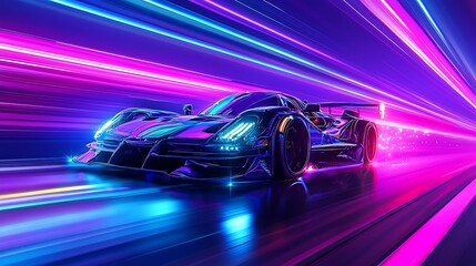Speeding through the Neon City - Futuristic Racing Sports Car on Vibrant Highway with High Contrast Motion Blur | Digital Art Concept