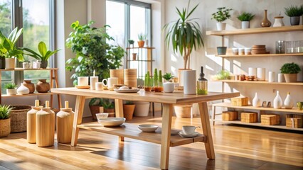 Obraz premium Interior of a bright and spacious retail store displaying homeware products on wooden tables and shelves
