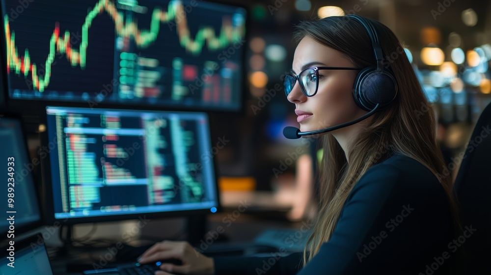 Poster professional trader analyzing stock market data on multiple monitors during evening hours in a moder