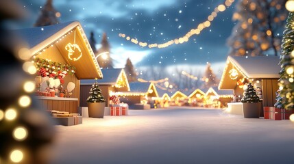 Obraz premium Christmas market scene with decorated stalls, snow falling gently, and warm festive lights glowing in the winter evening air.