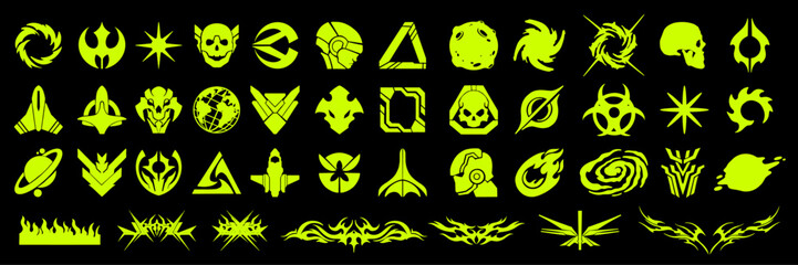 Retro futuristic icon set, y2k space sign, cyber alien shape, vector galaxy ship minimal collection. Cosmic future techno abstract print, helmet symbol, sci-fi graphic logo. Streetwear futuristic icon © Oleksandra