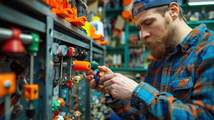 Bearded male worker in a colorful workshop adjusting tools on a workstation. The scene conveys craftsmanship, attention to detail, and hands-on work in a well-organized maker space filled with tools.