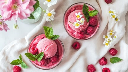 Naklejka premium Two bowls of raspberry ice cream garnished with mint and surrounded by fresh raspberries and flowers.