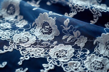Obraz premium White Lace Detail on a Blue Fabric Background