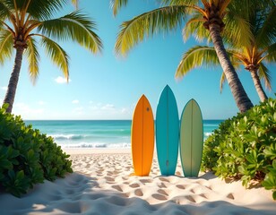Surfboards Resting on Tropical Beach Sands, Perfect for Extreme Sports, Surfing, Adventure, and Challenge Concepts