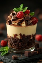Tiramisu, served in glass. on slate surface. Italian tiramisu cake. studio lighting. 