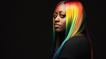 Fototapeta premium Portrait of Woman with Rainbow-Colored Hair Against Black Background in Studio Photography. Generative AI