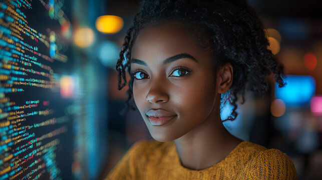 African Businesswoman working with data and tablet hologram with digital overlay for tech, statistics or stock market. 