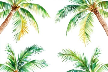 Tropical palm leaves watercolor pattern on white background