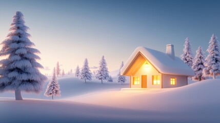 Naklejka premium Cozy winter cabin surrounded by snow-covered trees, with soft light spilling out of the windows and a peaceful snowy landscape around.