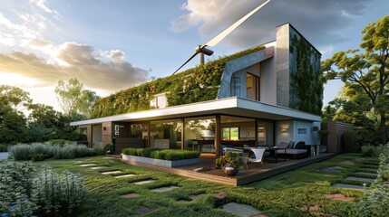 Modern Eco-Friendly Home with Green Walls and Wind Turbine