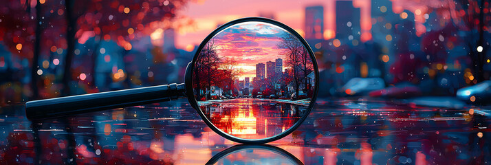A magnifying glass reveals a colorful cityscape at sunset.