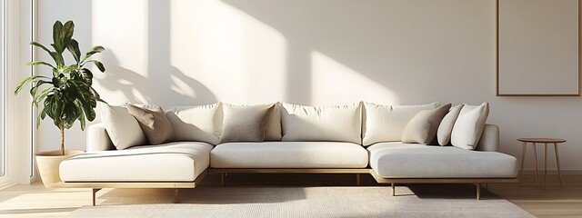 Bright and airy open concept living space with a spacious L shaped sectional sofa and a sleek minimalist aesthetic  The neutral textiles and natural light create a serene calming atmosphere